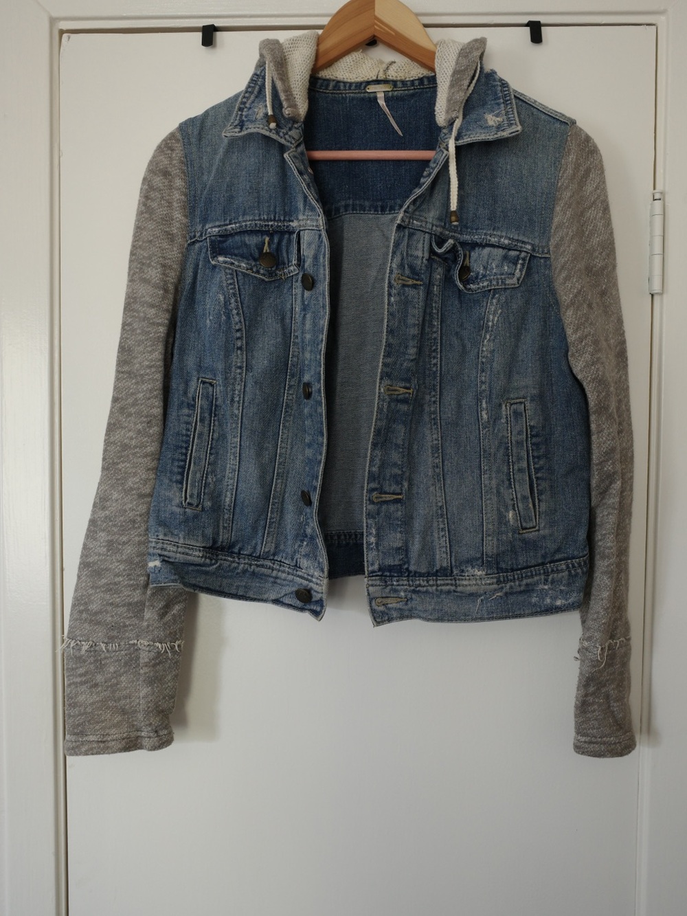 Free People Blue Denim Jacket with Gray Knit Sleeves & Hood